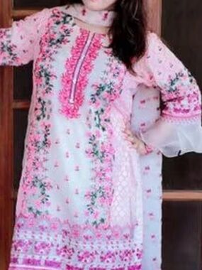 Girls Pink Floral Embroidered Kurta Dress with Scarf